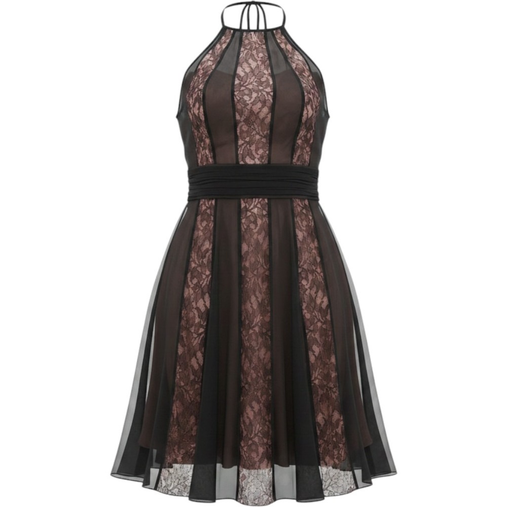 BCBGMAXAZRIA Womens Black Lace Chiffon Halter Cocktail Dress Pink Lining Size 6